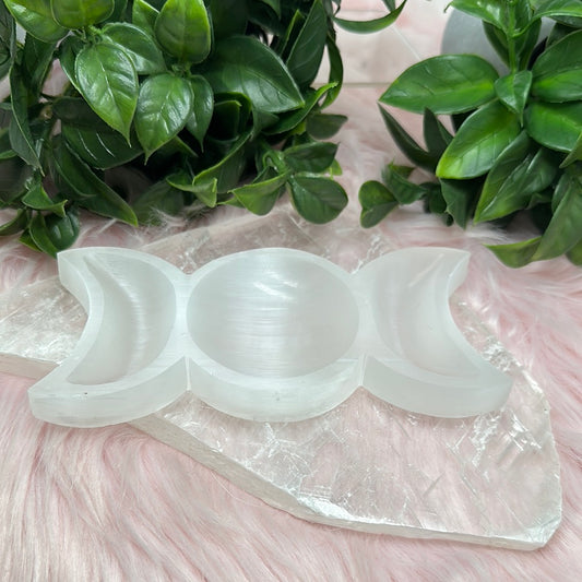 Selenite satin spar moon dish - OM of the Soul