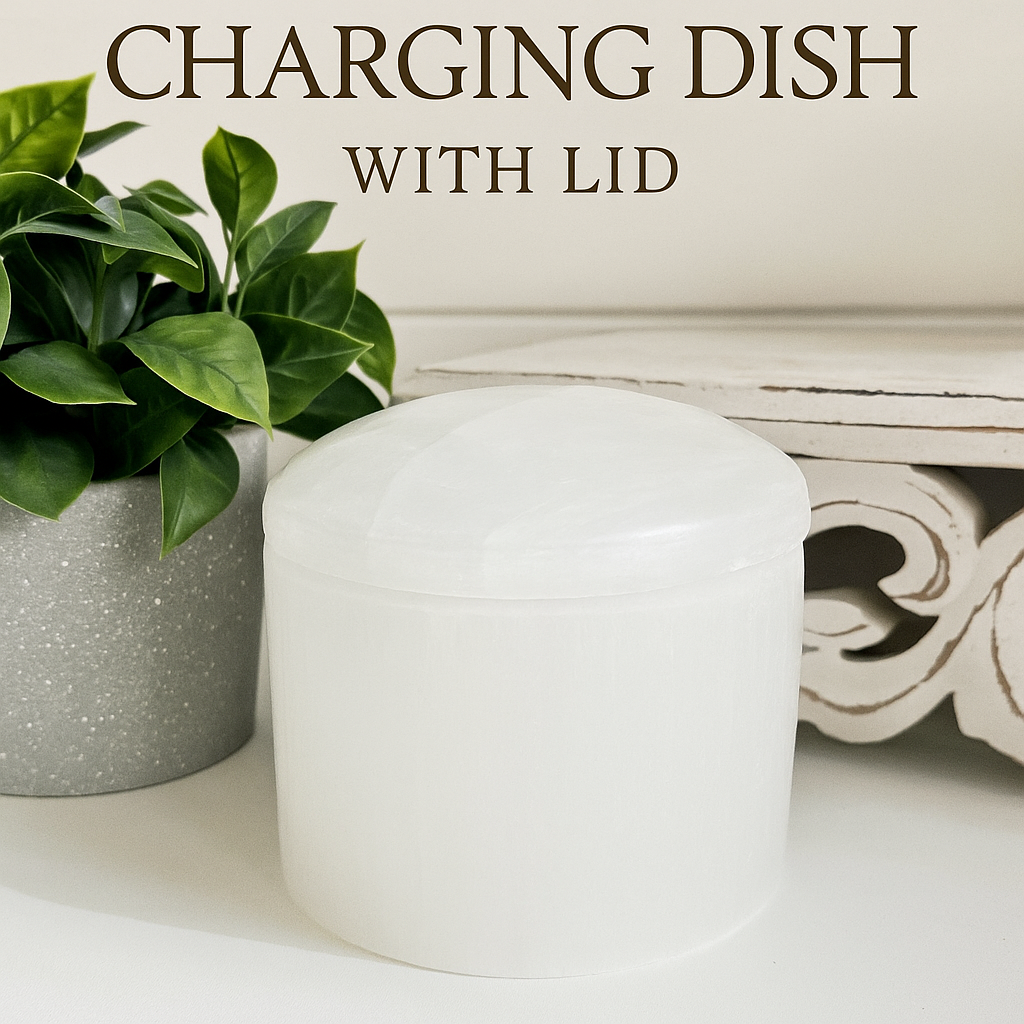 A luminous selenite dish with a matching lid, crafted to charge crystal bracelets, store sacred items, and become a treasured keepsake over time. Bracelets not included.