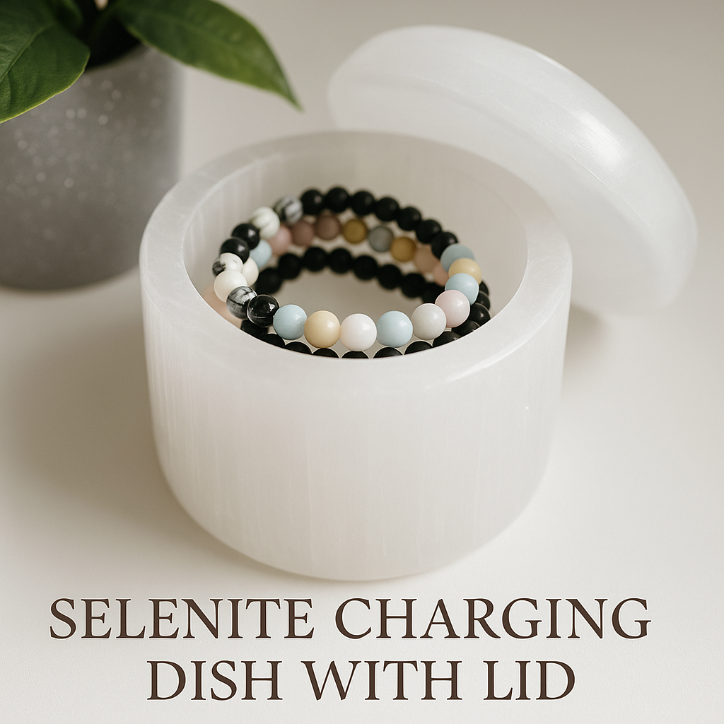 A luminous selenite dish with a matching lid, crafted to charge crystal bracelets, store sacred items, and become a treasured keepsake over time. Bracelets not included.