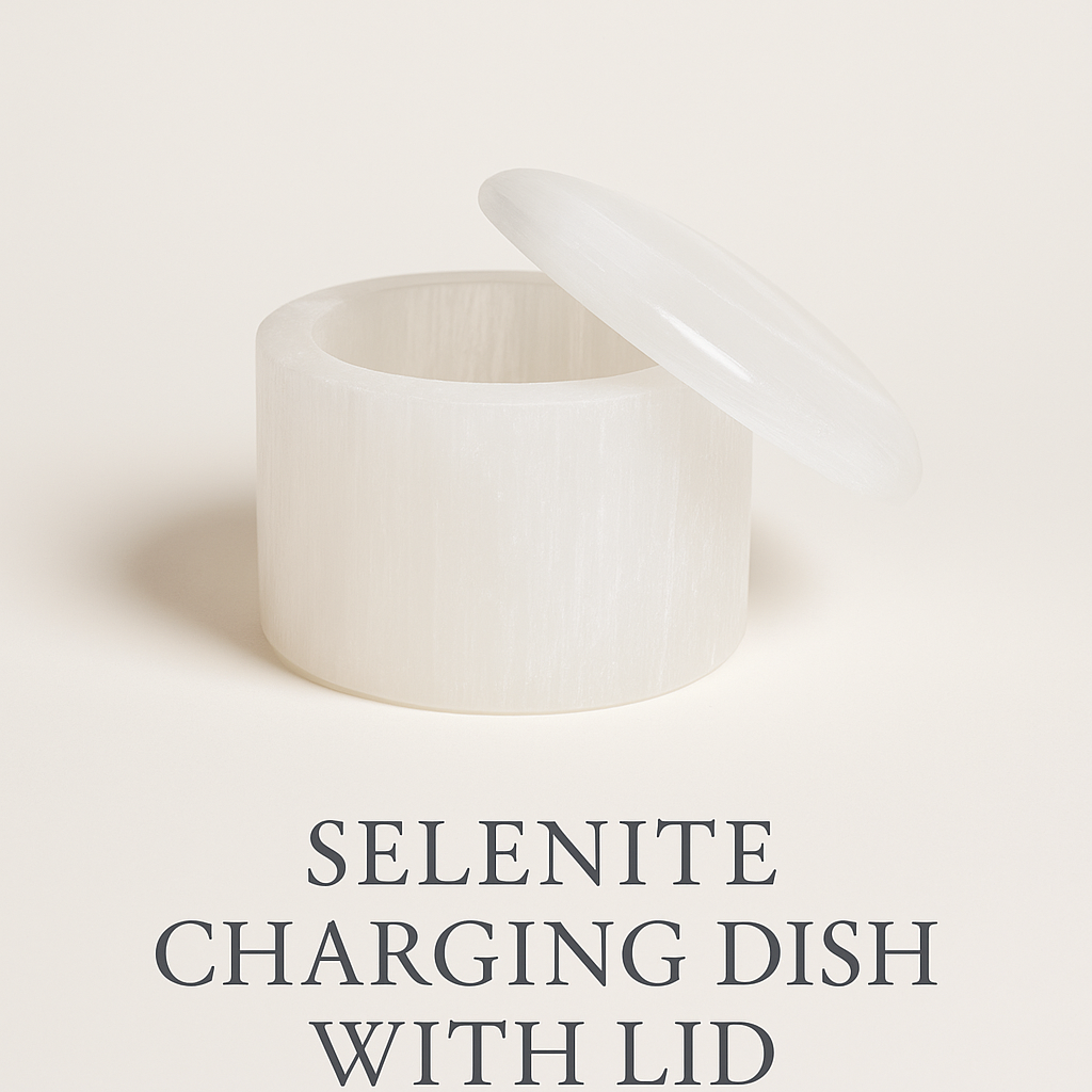 A luminous selenite dish with a matching lid, crafted to charge crystal bracelets, store sacred items, and become a treasured keepsake over time. Bracelets not included.