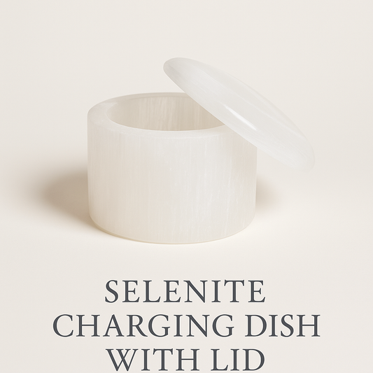 A luminous selenite dish with a matching lid, crafted to charge crystal bracelets, store sacred items, and become a treasured keepsake over time. Bracelets not included.