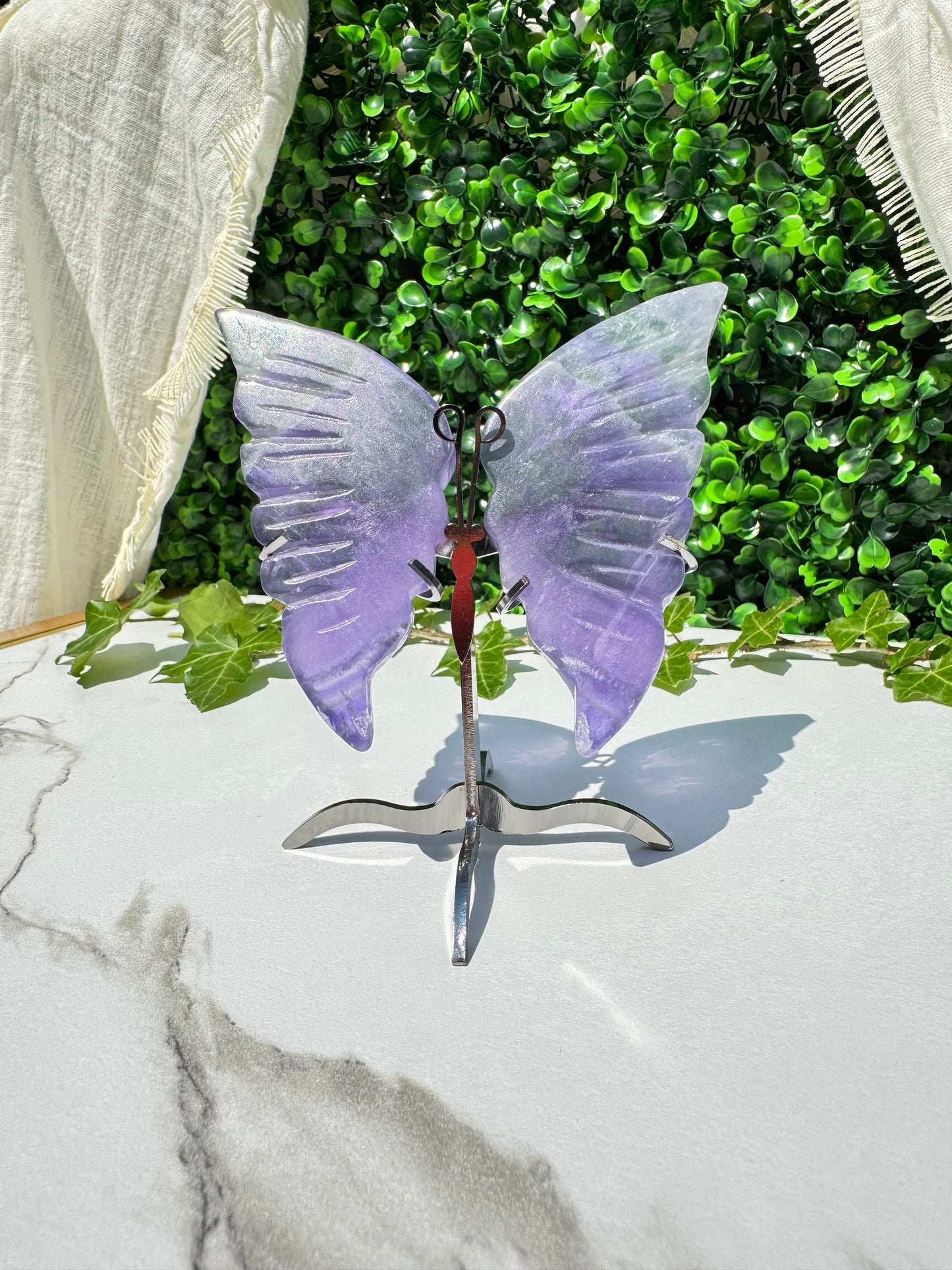 Selene – Purple Fluorite Butterfly Wings on Silver Stand