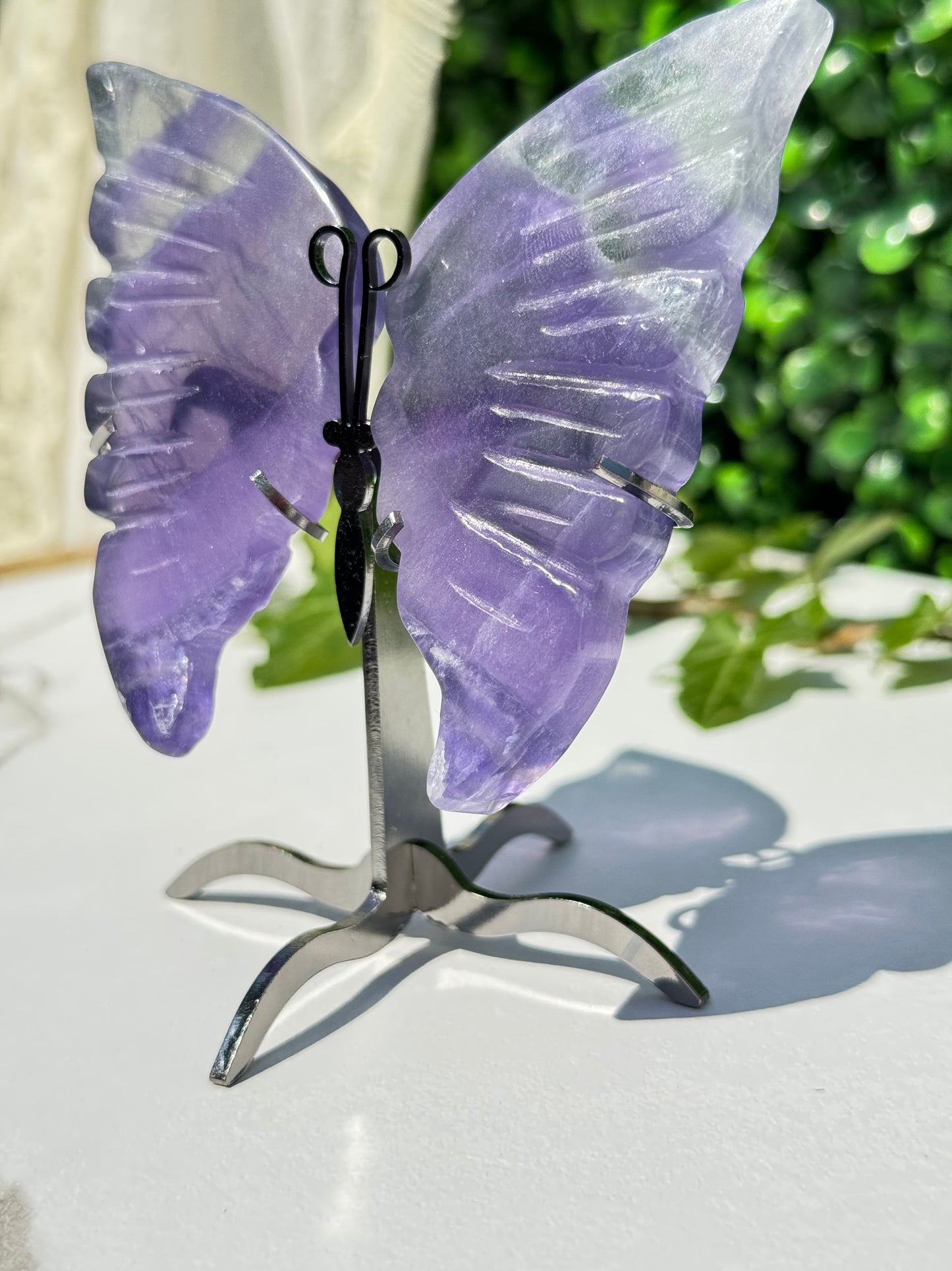 Selene – Purple Fluorite Butterfly Wings on Silver Stand